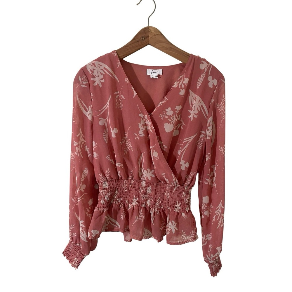 Japna Floral Surplice Smocked Peplum Pink Top Medium Romantic Coquette Chiffon